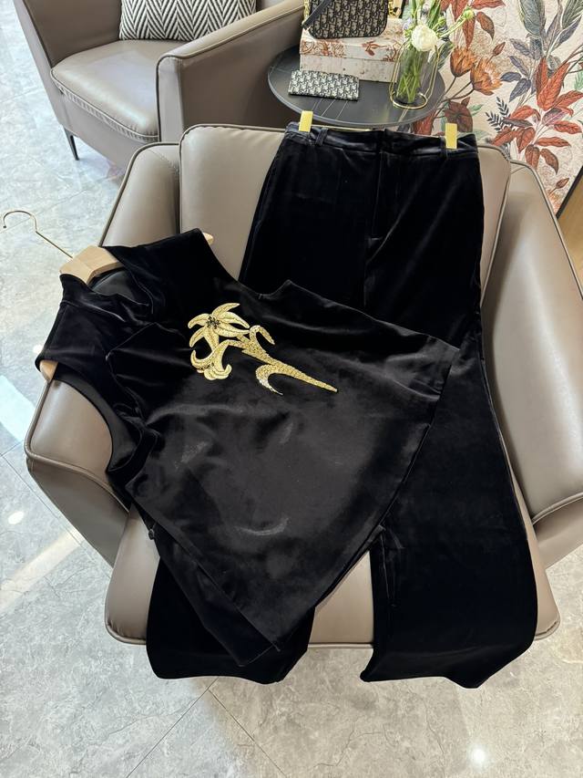 Xz24019#新款套装 M 新中式 珠绣重工 真丝绒 背心上衣长裤 套装 黑色 Smlxl